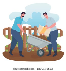 Gardening men with wheelbarrow and fertilizer bag design, garden planting and nature theme Vector illustration