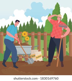 Gardening men with wheelbarrow shovel and rake design, garden planting and nature theme Vector illustration