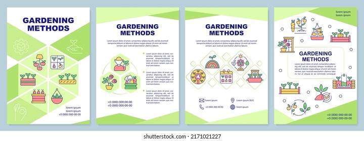 Plantilla de folleto verde de métodos de jardinería. Plantar innovación. Diseño del prospecto con iconos lineales. Editable 4 diseños vectoriales para presentación, informes anuales. Arial-Black, Myriad Pro-Regular fuentes utilizadas