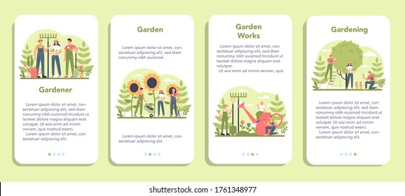 Gardening mobile application banner set. Idea of horticultural designer business. Character planting trees and bush. Special tool for work, shovel and flowerpot, hose. Isolated flat illustration