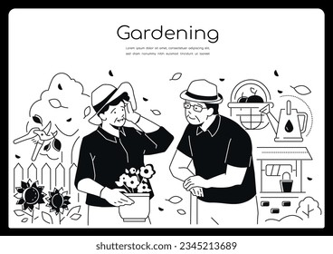 Gardening - modern line design style web banner with copy space for text. Composition with elderly couple discussing harvest, flowers and fruits. Spring or summer in countryside idea