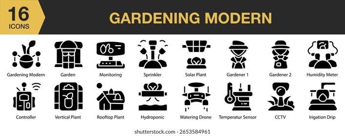 Conjunto de iconos sólidos modernos de jardinería. Incluye jardín, moderno, naturaleza, verano, paisaje y más. Colección de Vector de iconos sólidos.