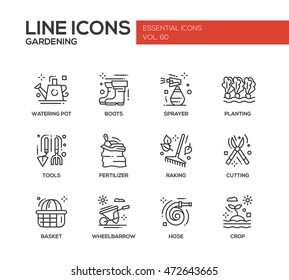 Gardening - modern vector plain line design icons and pictograms set. Watering pot, boots, sprayer, planting, tools, fertilizer, raking, cutting basket wheelbarrow hose crop