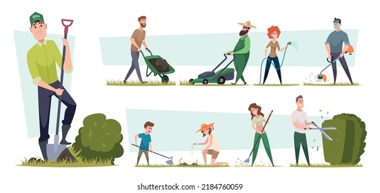 Gardening. Mowing lawn garden plants rural concept characters loving outdoor plants nature care exact vector gardenning concept illustrations