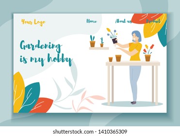 Gardening is my Hobby Horizontal Banner. Young Happy Woman Working with Home Plants in Greenhouse. Recreation Leisure, Domestic Flowers Care, Creative Occupation. Cartoon Flat Vector Illustration