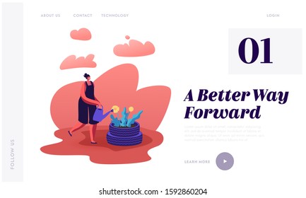 Gardening, Nature Protection Website Landing Page. Woman Watering Flower Planted into Old Used Tyres on Street. People Reuse Tires to Reduce Pollution Web Page Banner. Cartoon Flat Vector Illustration