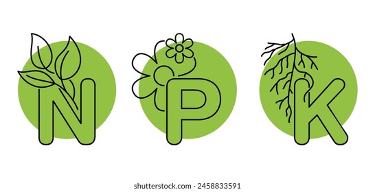 Gardening Nutrients labeling. For Leaves, Flower and Roots. Concentration of nitrogen, phosporous and potassium - N, P, K proportions in gardening fertilizers. 