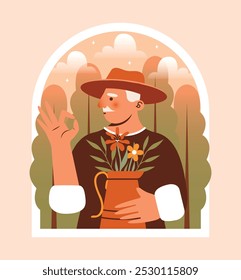 Gardening. Old man in hat with jug full of flowers, plants show OK gesture of hands. Vector illustration of grandfather character. Gardener, farmer concept. Happy retirement.	
Flat Design. Badge