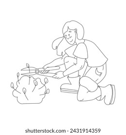 Gardening on the farm. A girl cuts a bush with garden shears, spring work in the garden. Female gardener grows plant. Line vector illustration isolated on white background.