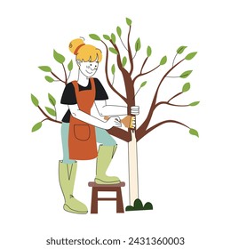 Gardening on the farm. A girl whitewashes a tree with a brush, spring work in the garden. Flat colored vector illustration isolated on white background.