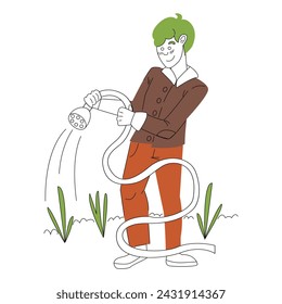 Gardening on the farm. A man watering plants with a hose, spring work in the garden. Male gardener grows plant. Flat colored vector illustration isolated on white background.