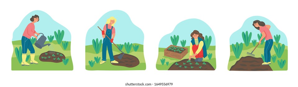 Gardening on a farm set of cartoon characters. Young people dig, rake the ground, plant and water seedlings. Women in the garden. Flat vector illustration.