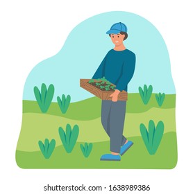 Gardening on the farm. A young man works in the garden, a farmer carries a box of seedlings. Flat cartoon vector illustration.