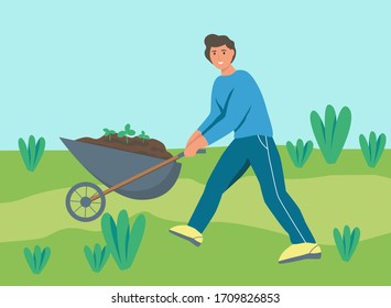 Gardening on the farm. A young man works in the garden, a farmer pushing a cart with the earth. Flat cartoon vector illustration.