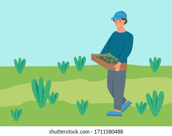 Gardening on the farm. A young man works in the garden, a farmer carries a box of seedlings. Flat cartoon vector illustration.