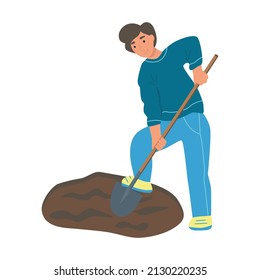 Gardening on the farm. A young man works in the garden, a farmer digs the land. Flat cartoon vector illustration.