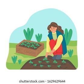 Gardening on the farm. A young woman is working in the garden, the farmer planted the seedlings. Flat vector illustration.
