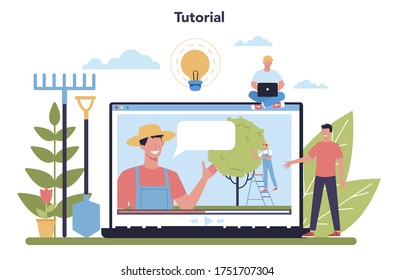 Gartenarbeit oder Online-Plattform. Idee von Gartenbau-Designer-Unternehmen. Video-Tutorial. Einzige flache Abbildung
