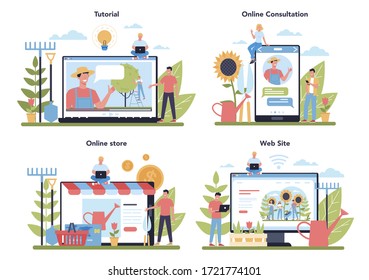 Servicio en línea de jardinería o conjunto de plataformas. Idea del negocio de los diseñadores hortícolas. Tienda en línea, sitio web, consulta o video tutorial. Ilustración plana aislada