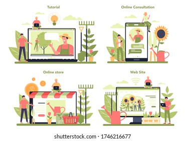 Gardening online service or platform set. Idea of horticultural designer business. Online shop, website, consultation or video tutorial. Isolated flat illustration