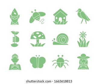 gardening ornaments and equipment icon set over white background, silhouette style, vector illustration