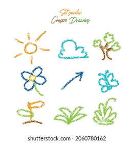 Gardening outdoor set. Like child hand drawing equipment. Crayon, pencil or pastel chalk isolated sun, cloud, tree, butterfly, signpost, vector flower, grass