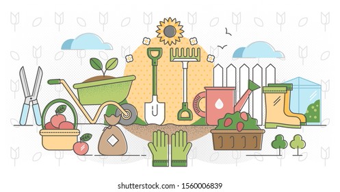 Gardening outline concept vector illustration. Plant watering care, floral natural flowers, forest and decorative grass organic cultivation work. Abstract environmental agriculture seedling.