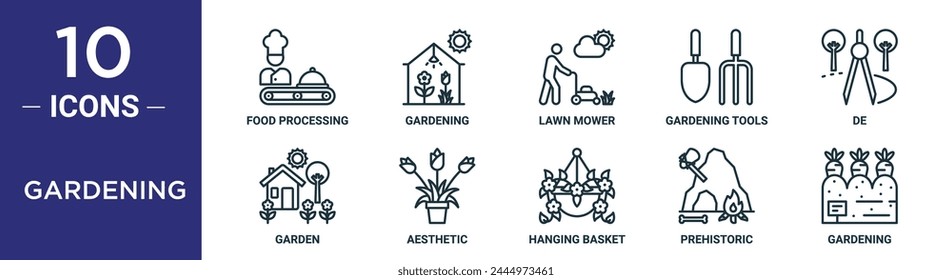 gardening outline icon set includes thin line food processing, gardening, lawn mower, gardening tools, de, garden, aesthetic icons for report, presentation, diagram, web design