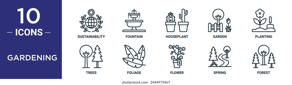 gardening outline icon set includes thin line sustainability, fountain, houseplant, garden, planting, trees, foliage icons for report, presentation, diagram, web design