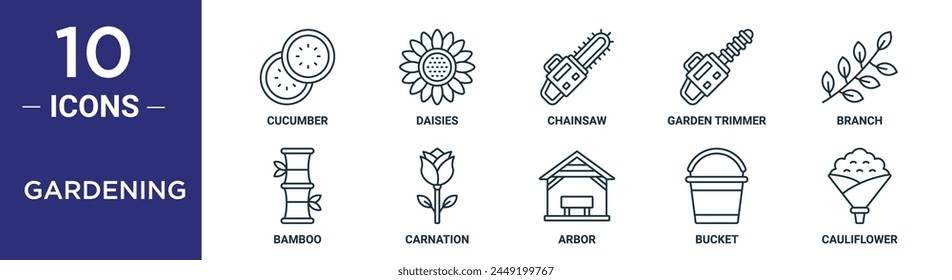 gardening outline icon set includes thin line cucumber, daisies, chainsaw, garden trimmer, branch, bamboo, carnation icons for report, presentation, diagram, web design