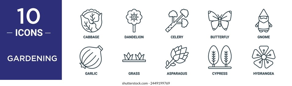 gardening outline icon set includes thin line cabbage, dandelion, celery, butterfly, gnome, garlic, grass icons for report, presentation, diagram, web design