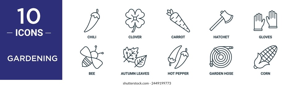 gardening outline icon set includes thin line chili, clover, carrot, hatchet, gloves, bee, autumn leaves icons for report, presentation, diagram, web design
