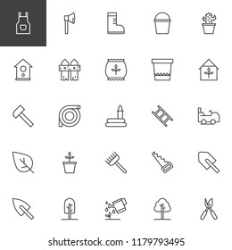 Gardening outline icons set. linear style symbols collection, line signs pack. vector graphics. Set includes icons as Apron, Axe, Boot, Bucket, Fence, House, Plant, Pot, Garden, Watering Hose, Mower