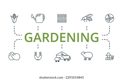 Gardening outline set. Creative icons: corn, watering can, fence, bee, eco, eggs, horseshoe, farm, sheep, farmer.