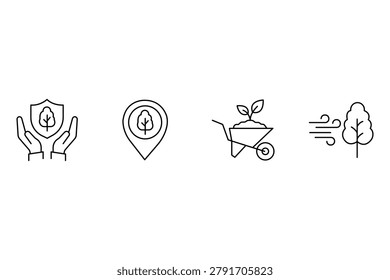 Gardening and park care line elements including nature protection tree location wheelbarrow and wind icon set.