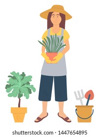 Gardening pastime vector, isolated woman standing with plant in pot. Interest of lady, gardener character holding flowers, houseplants hobby leisure