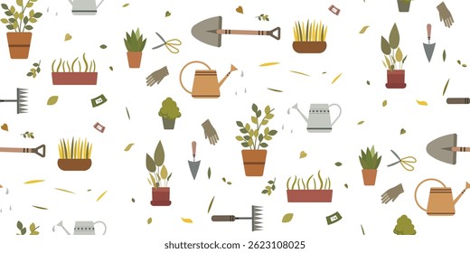 Gardening pattern. Gardening concept. Various equipment and constructions. Saplings, watering cans, shovel.