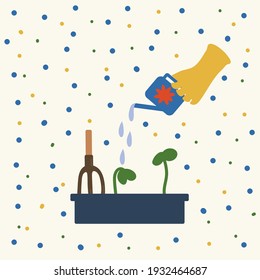 Gardening pattern. Vector background is the process of growing seedlings or flowers. Pattern for garden textiles or clothing. Vector illustration