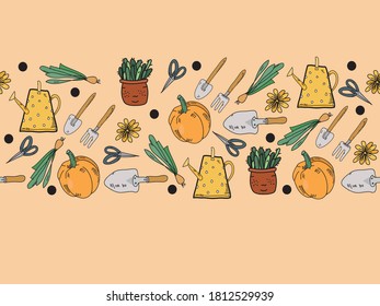 Gardening pattern. Vector illustration of garden elements: shovel, plants, watering can, pumpkin.