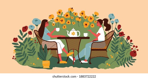 Gardening People Composition With Two Women Sitting At Table Drinking Tea Outdoors Surrounded By Flowers Blossom Vector Illustration