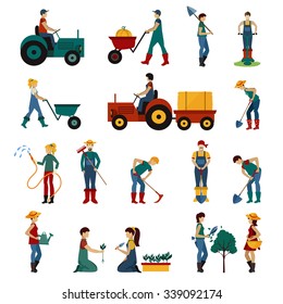 Gardening people with equipment flat icons set isolated vector illustration