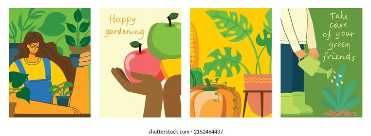 Gardening people farmers gathering harvest, planting trees, working people concept. Farming chore, agriculture concept