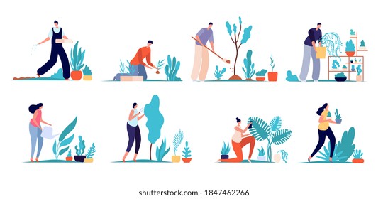 Gardening people. Garden characters, agriculture labor persons. Cartoon gardener man woman care green flowers, eco hobby utter vector set