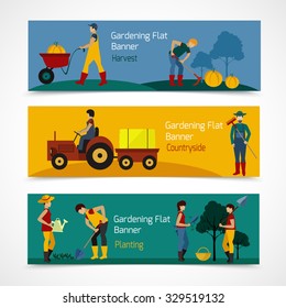 Gardening people horizontal banners set with vegetable and fruit trees planting flat icons isolated vector illustration