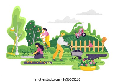 Gardening people on garden background. Spring landscape with garden tools, woman planting plants and man with a cart, girl on a ladder collects crops from a tree. Vector illustration. Panorama.