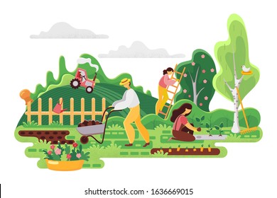 Gardening people on garden background. Spring landscape with garden tools, woman planting plants and man with a cart, girl on a ladder collects crops from a tree. Vector illustration. Panorama.