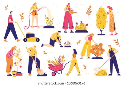 Gardening people set, diverse people men and women, doing hobby garden work: watering, planting, cutting, hoeing, arranging. Spring gardening concept. Modern flat vector illustration.