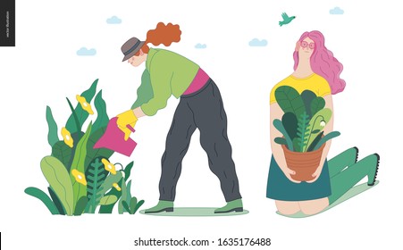 Gardening people set, spring - modern flat vector concept illustration of a young red-hired woman wearing a hat, watering plants. A pink-hired girl holding a pot with a plant. Spring gardening concept