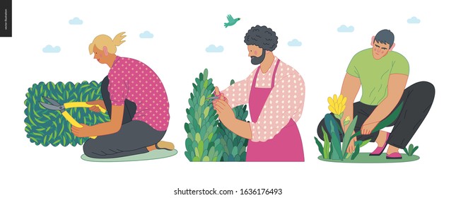 Gardening people set, spring -modern flat vector concept illustration of diverse people -men and women, doing hobby garden work -watering, planting, cutting, hoeing, arranging Spring gardening concept