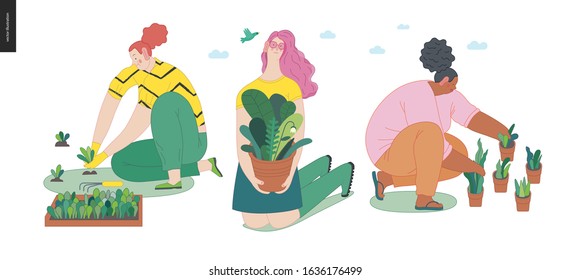 Gardening people set, spring -modern flat vector concept illustration of diverse people -men and women, doing hobby garden work -watering, planting, cutting, hoeing, arranging Spring gardening concept